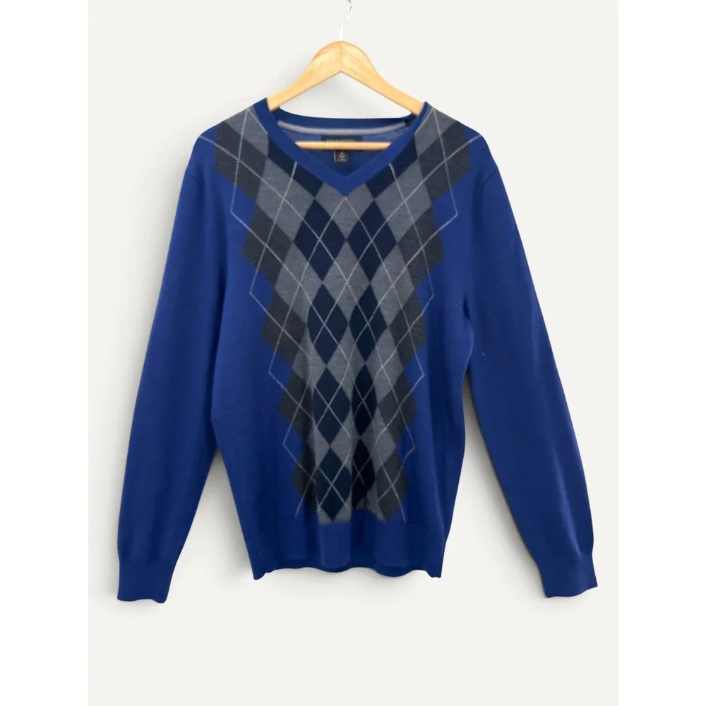 Banana Republic Mens 100% Merino Wool Sweater Argyle V-Neck M Collegiate Classic
